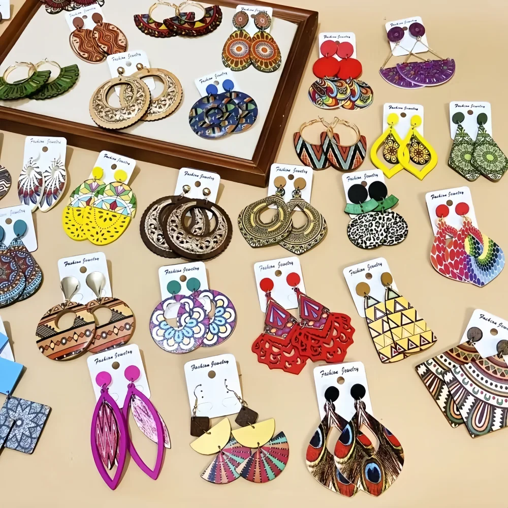 10 زوج/وحدة أقراط خشبية أنيقة ساحرة هندسية متعددة الألوان للنساء إكسسوارات مجوهرات للعطلات اليومية هدايا الحفلات #5