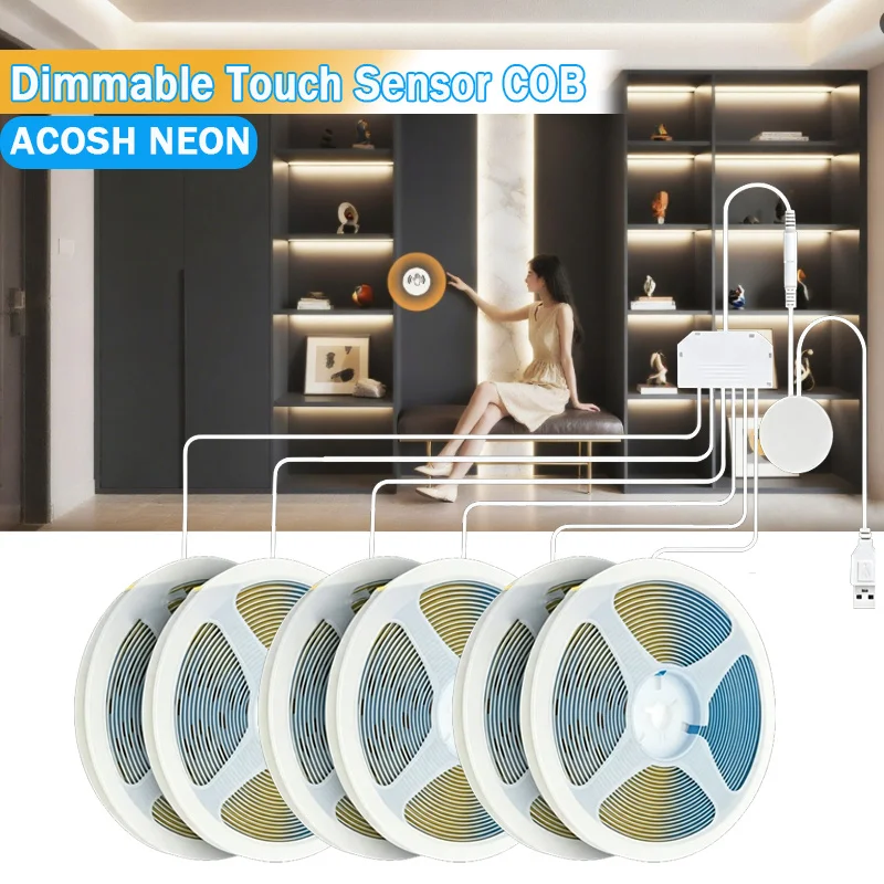 Touch Dimmable COB LED Strip Lights, Warm/White 0.5m 1.5m 2.5m Touch Sensor Under Cabinet Lighting