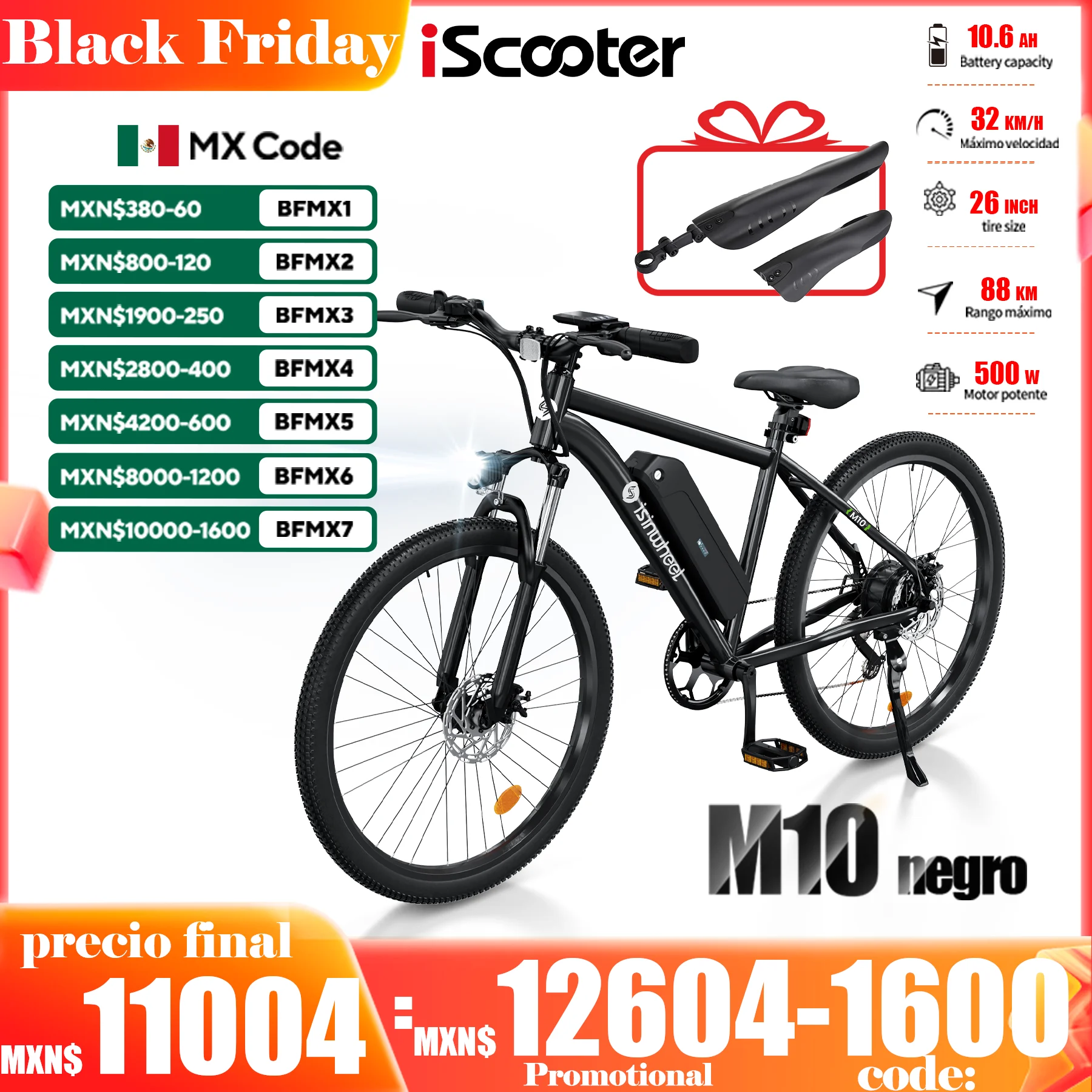 Iscooter M10 adult electric bike black 500 W 26 inch 20 mph electric mountain bike maximum range 55 miles removable battery 35 speed professional suspension