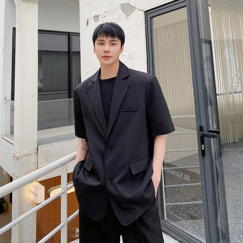 

Летний мужской повседневный тонкий пиджак с коротким рукавом, премиум-класса, для отдыха, в западном стиле, однотонный, с плоским воротником