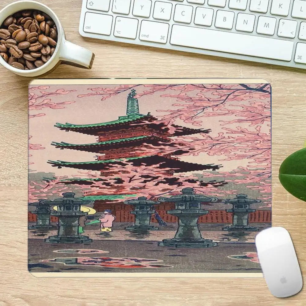 Cherry Blossom Pagoda Gaming-Mauspad, rutschfeste große Schreibtischunterlage mit genähtem Rand