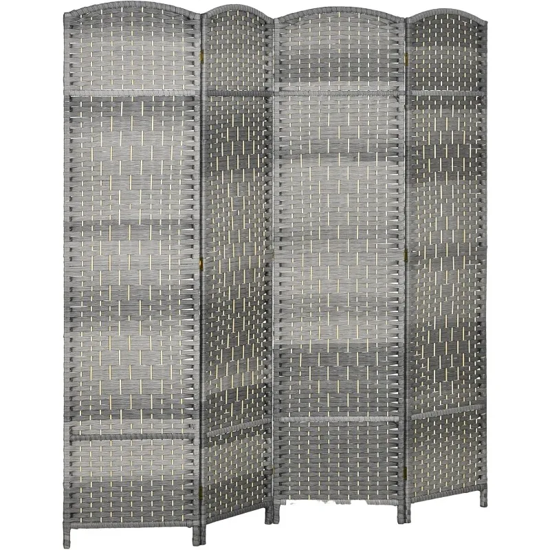 

HOMCOM 4 Panel Room Divider, 6' Tall Folding Privacy Screen, Hand-Woven Freestanding Wood Partition for Home Office, Mixed Gray
