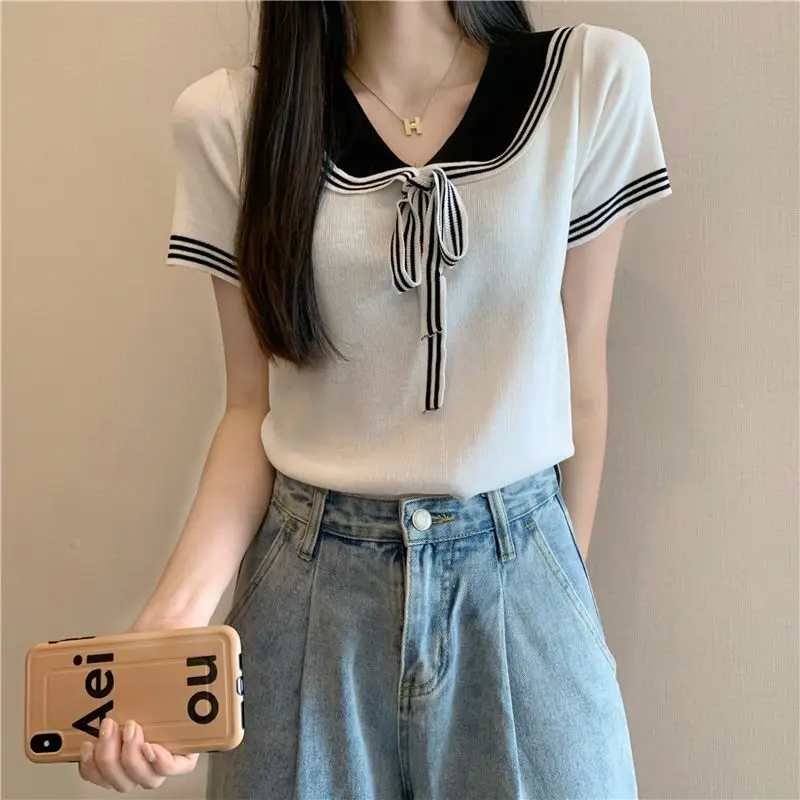 Sweet Harajuku Aesthetics Korean Top Girl Y2K Vintage Streetwear Patchwork Sailor Collar Short Sleeve Clothing T Shirt Blue Tee