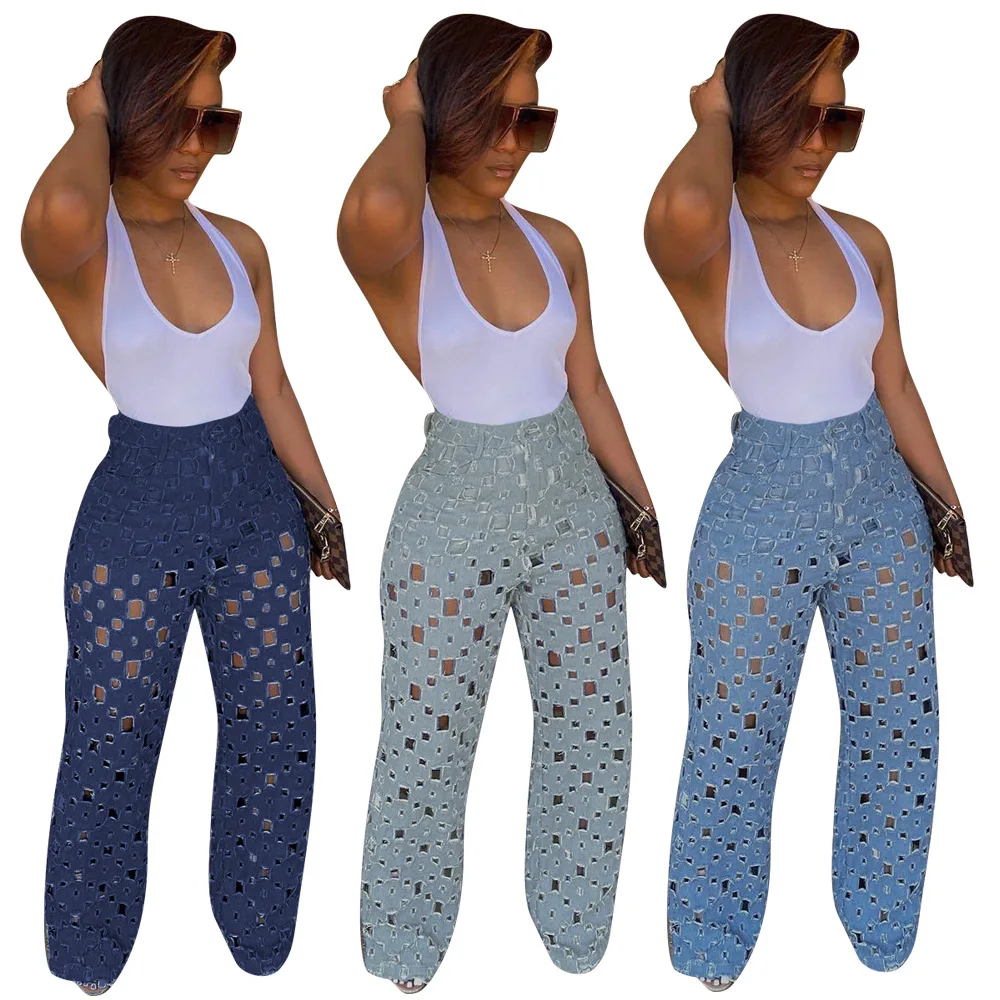 

Hollow Out Ripped Jeans Woman 2025 Loose Denim Pants High Waist Jean Summer Female Wide Leg Pants Trousers Women Jeans