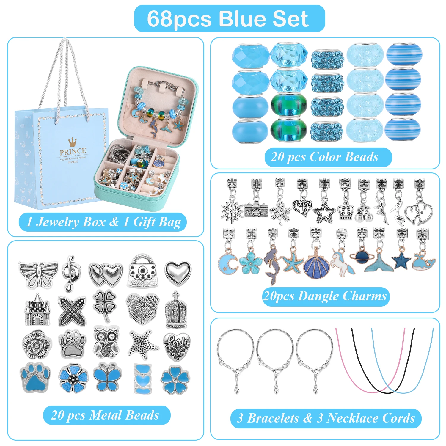 68Pcs Blue DIY Beadeds Charms Bracelet Making Kit Bracelet Necklace Making Gift Box Unicorn & Mermaid Series Charms Gifts Set