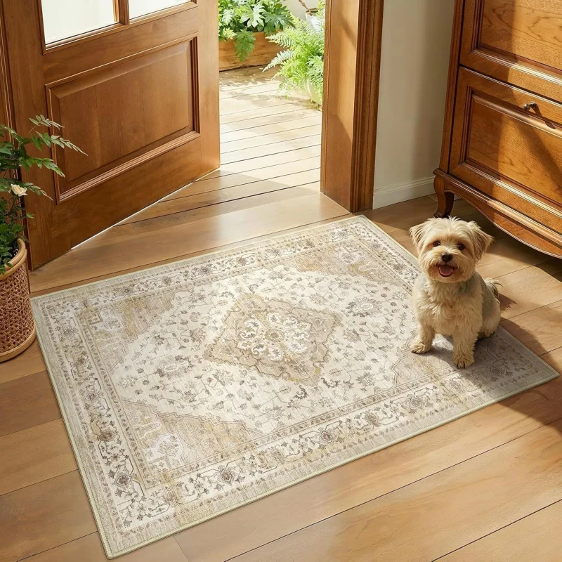 VIKAMA Grey Blue Persian Rug Medallion Vintage Distressed Bohemian Art Flannel Door Mat Non Slip Entryway Bedroom Living Room