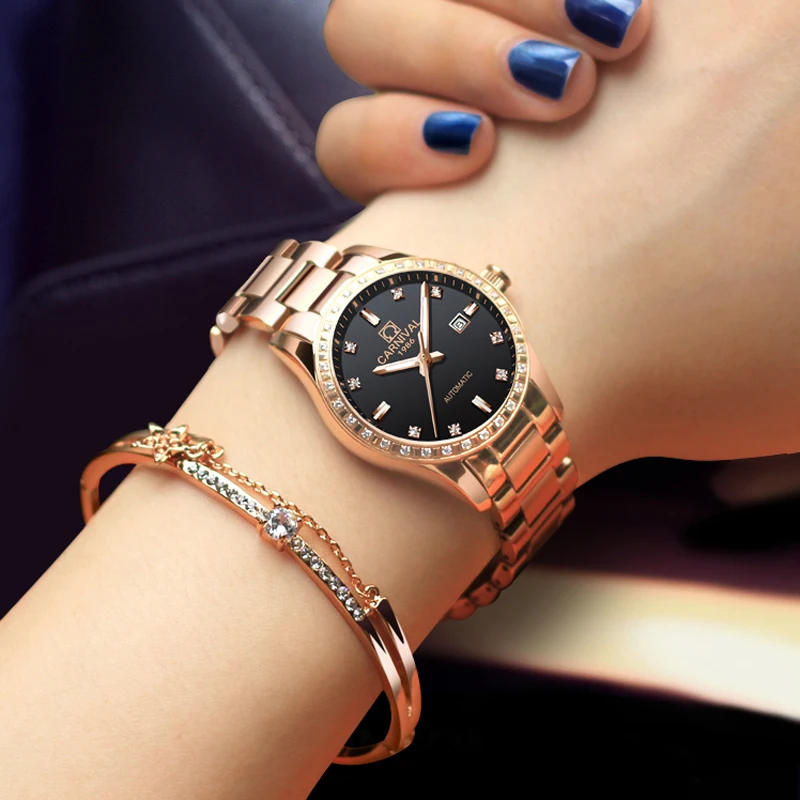 

Carnival Brand New Fashion Mechanical Watches Calendar Luminous Waterproof Rose Gold Stainless Steel Strap Automatic Watch Women