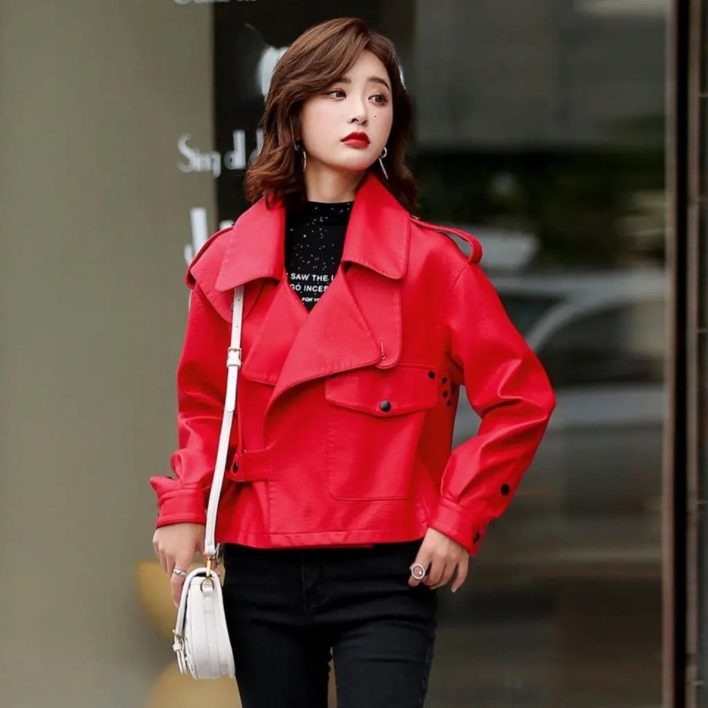 Kafu Landi Jaqueta de couro feminina estilo coreano outono/inverno casaco PU Jiang Shuying Textura 7009 Padrão