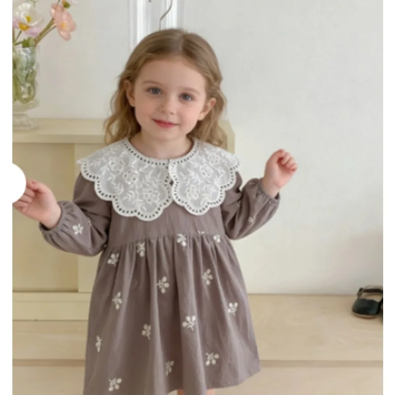 Girls Dress 2026 Spring Summer New Style French Lace Lace Collar Long Sleeve Embroidered Princess Dress