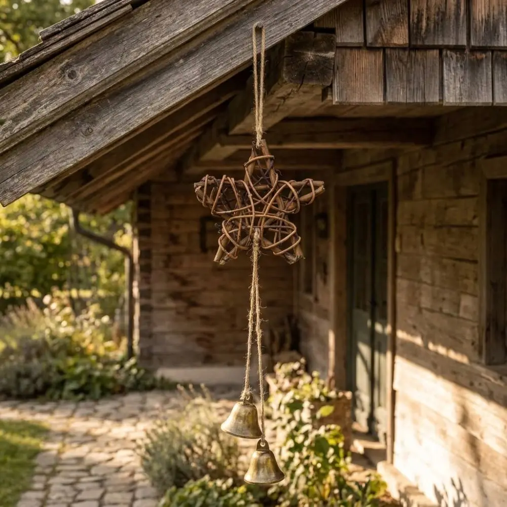 Pastoral Style Rattan Woven Wind Chime Five-pointed Star Hand Woven Vintage Bell Pendant Textured Frame Tinkling Sound