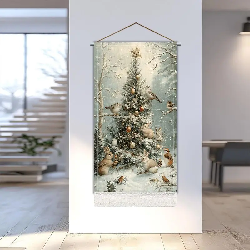 VIKAMA Farmhouse Christmas Wall Hanging Tapestry Vintage Xmas Tree Rabbit Bird Winter Snow Scene Tassel Home Entryway Wall Decor