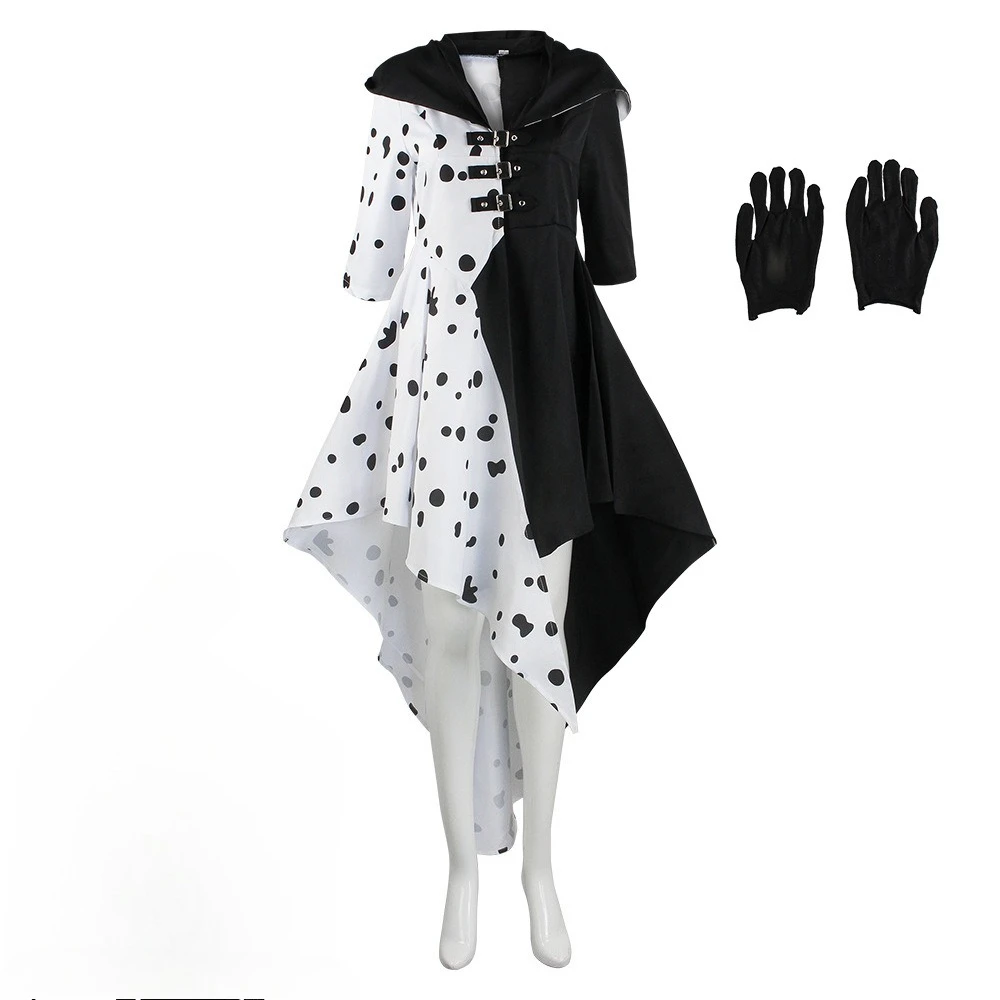

Anime Cruella Cosplay Costume Dress Set with Gloves Cloak Carnival Set Adult Female Cruella De Vil Halloween Costume