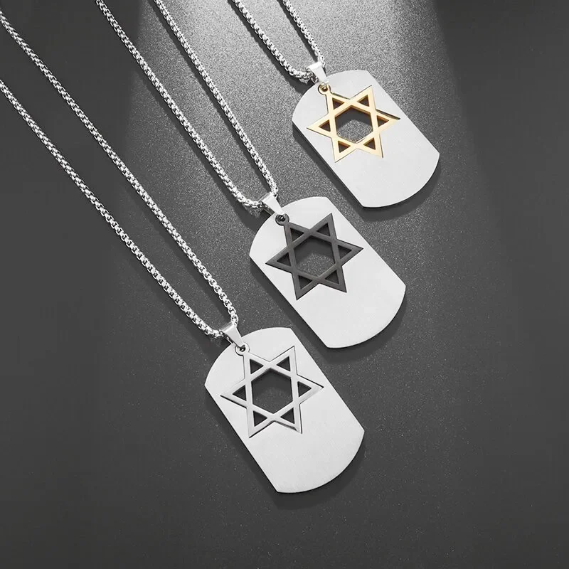 Stainless Steel Star of David Necklace Geometric Hexagonal Hollow Dog Tag Pendant for Men and Women Fashion Hip Hop Jewelry