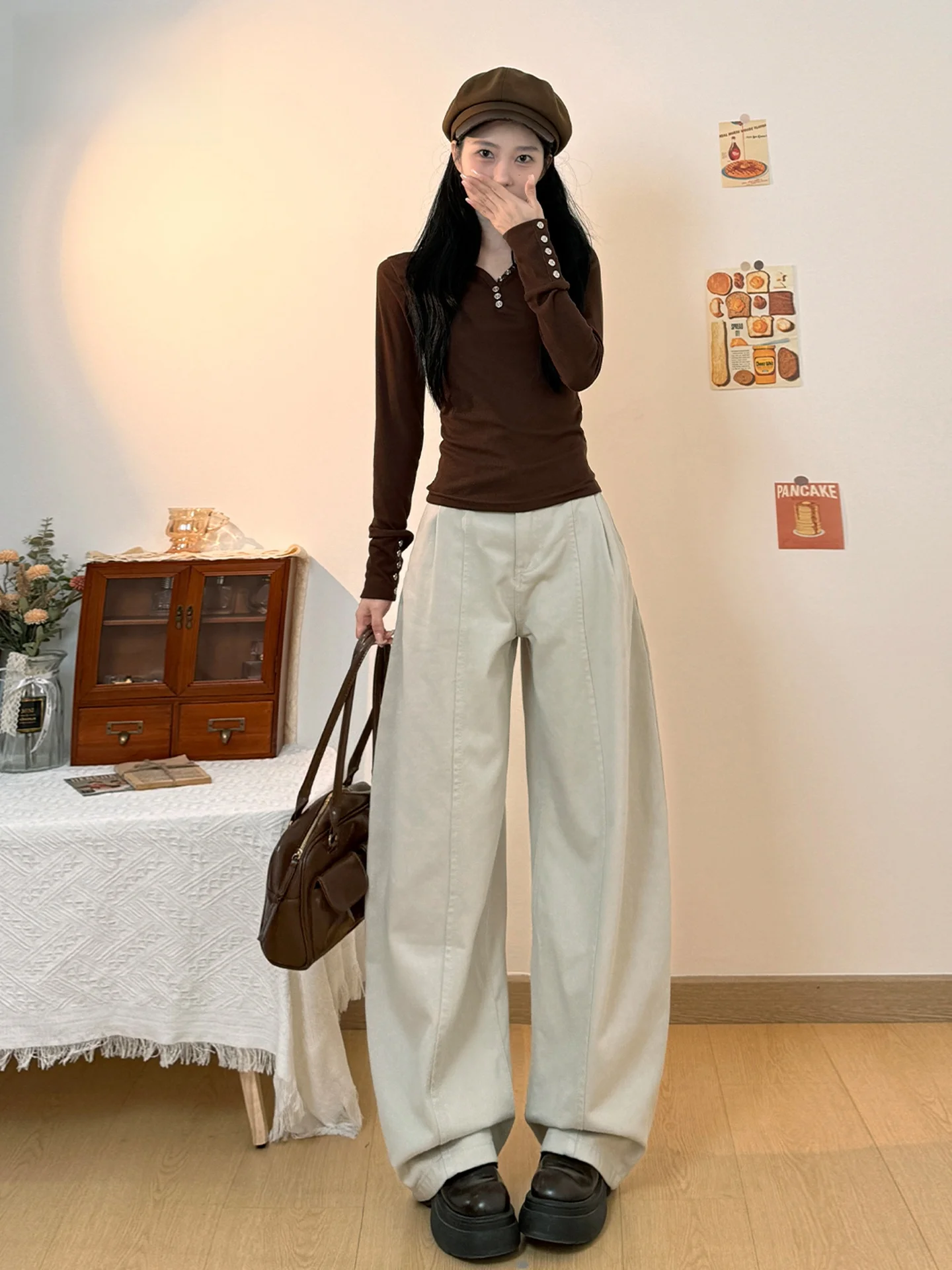 

Женские джинсы с широкими штанинами, прямым кроем, свободной посадкой, высокой талией, на пуговицах, в стиле ретро, для весны и лета, повседневный стиль