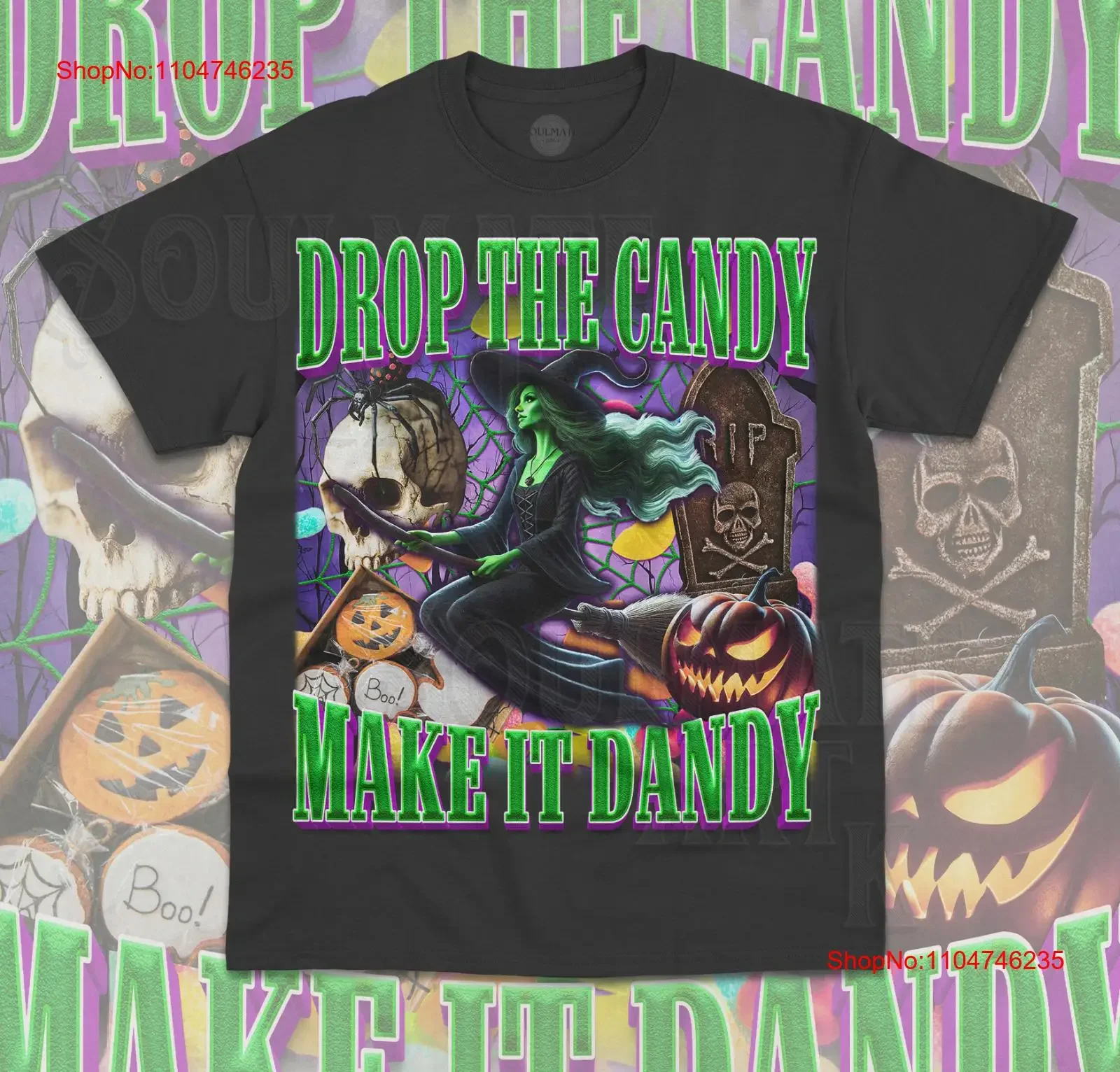 Camiseta Drop The Candy Make It Dandy para Halloween, bruja aterradora, vintage, lavada, para hombre, ropa de calle Unisex versátil, gráfico elegante