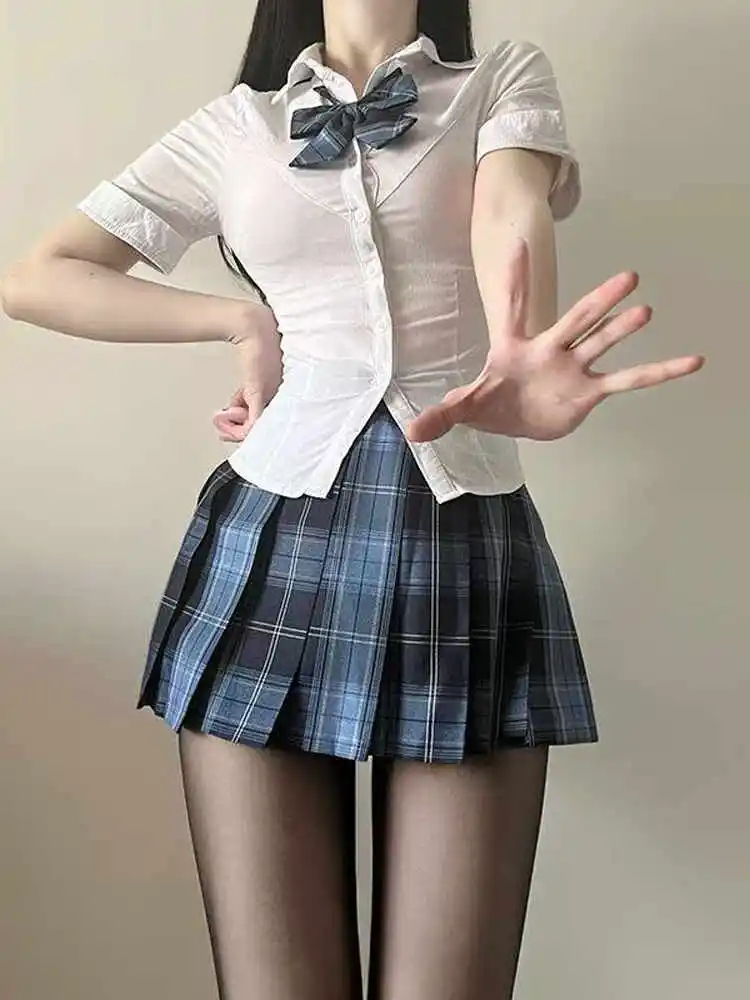 

Original Jk Shirt Women's Style Pure Desire Waist-Cinching Collar Short Sleeve Button-Up Set with Grid Skirt Two-Piece U...