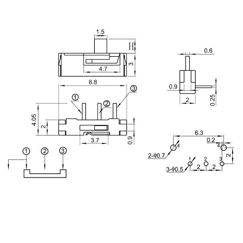 20PCS High Quality Interruptor MSK-03E H=2MM/3MM/4MM Micro Slide Switch 3Pin THT 1P2T PCB Mount Toggle Switch Handle