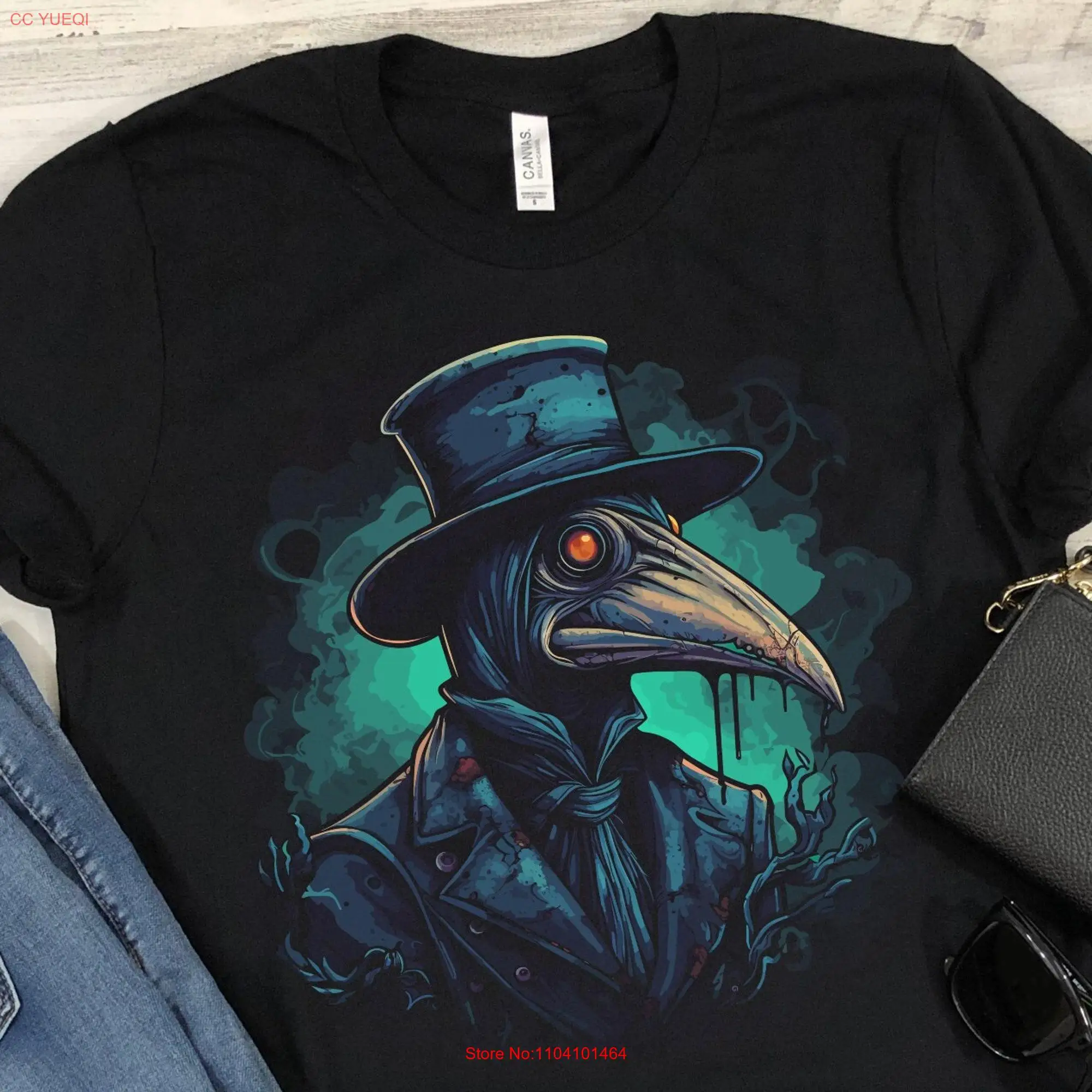 Plague Doctor T-shirt Zwart Death Mask Steampunk Gothic Middeleeuws voor mannen en vrouwen met lange of korte mouwen