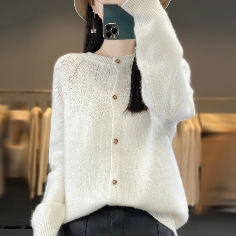 Autumn and Winter New 100% Pure Wool Cardigan Women's Round Neck Loose Jacquard Coat Fashion Warm Hollow Jacket Thick Base Shirt