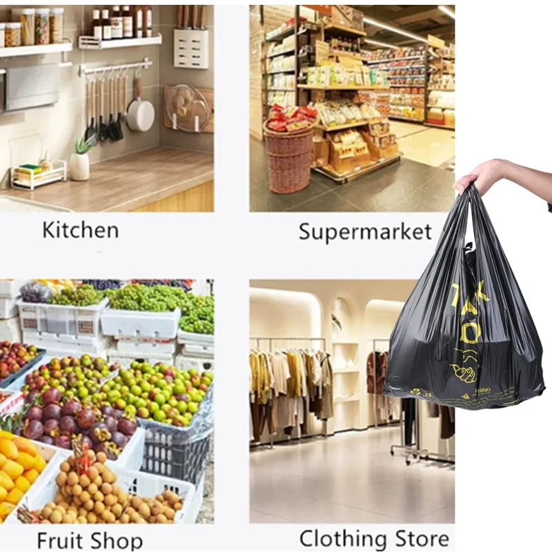 50pcs Thank You Plastic Carry Out Bags Black Shopping Grocery Vest Gift Bag with Handle Supermarket Retail Packaging Storage