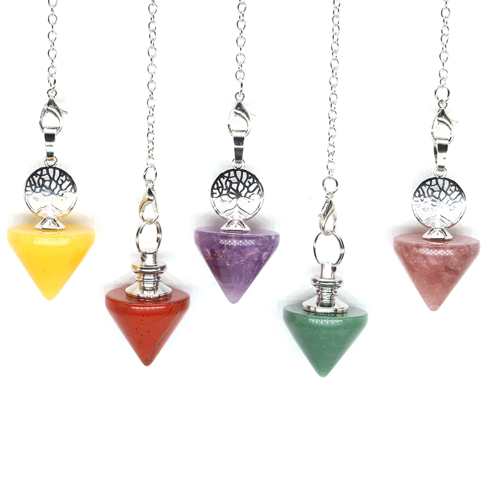 

Tree of Life Natural Quartz Reiki Healing Pendulum for Dowsing Spiritual Divination Cone 6 Facet Hexagonal Pendant Pendulos Gift