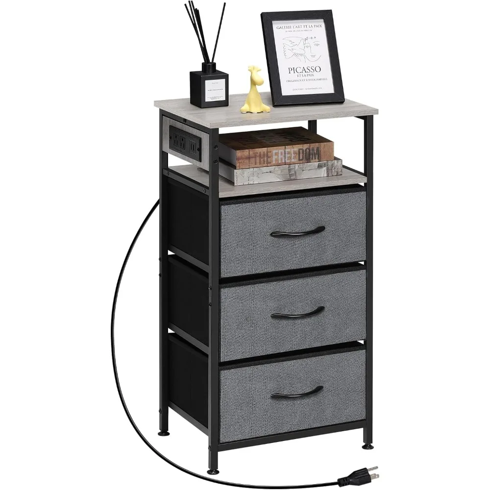 

Nightstand with Charging Station, Dresser with 3 Fabric Chest of Drawers, Dresser Storage for Bedroom, Hallway, Closet