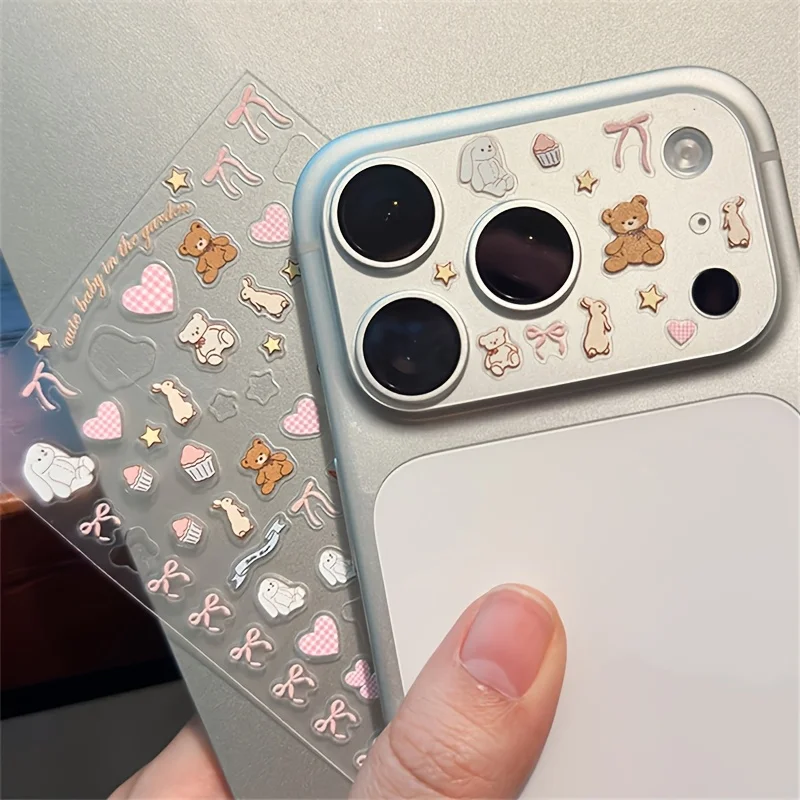 Niedliche Kawaii-Handy-Aufkleber mit geprägtem Motiv, Cartoon-Bär, Hase, Schleife, Stern, Erdbeere, Herz, DIY-Handyzubehör