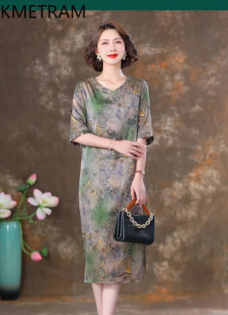 KMETRAM 90% Mulberry Silk Dress Woman 2026 Summer Mid-length Middle-aged Large-size V-neck Silver Leaf Printed Dress Ropa Mujer