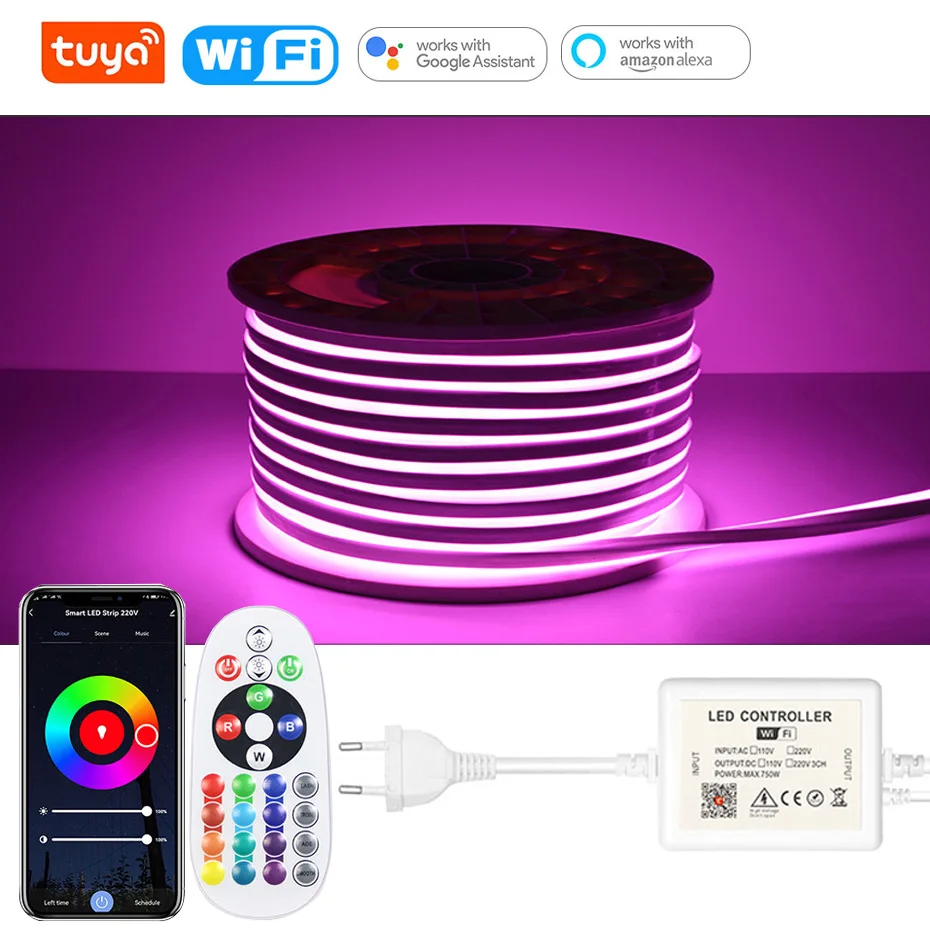 Tuya WiFi 1M 10M 20M 100M 220V su geçirmez Led Neon ışık şeridi uzaktan/Bluetooth kontrolü kısılabilir RGB Led şerit bandı açık