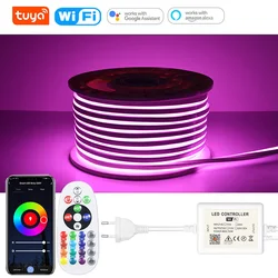 Tuya WiFi 1M 10M 20M 100M 220V su geçirmez Led Neon ışık şeridi uzaktan/Bluetooth kontrolü kısılabilir RGB Led şerit bandı açık