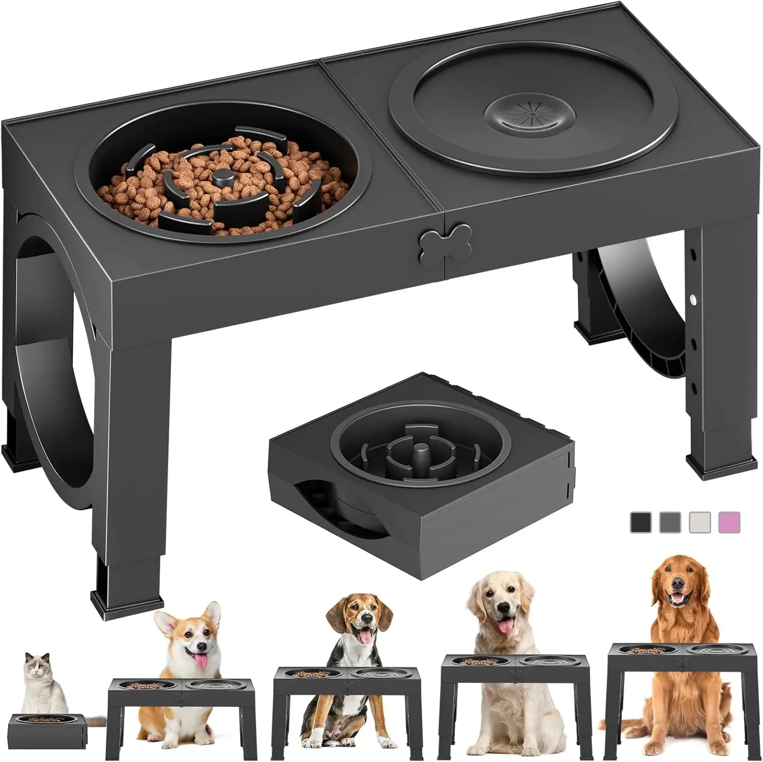 

Adjustable Raised Dog Bowls for Large Breeds, 5 Heights 9-14in, Slow Feeder Stand with Non-Slip Pads, Joint Protection