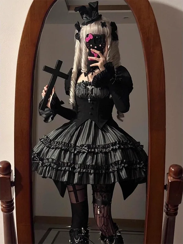 gothic-dark-stripe-long-sleeve-top-half-skirt-lolita-dress-daily-puffy-skirt-elegant-black-and-white-stripes-women's-hanfu