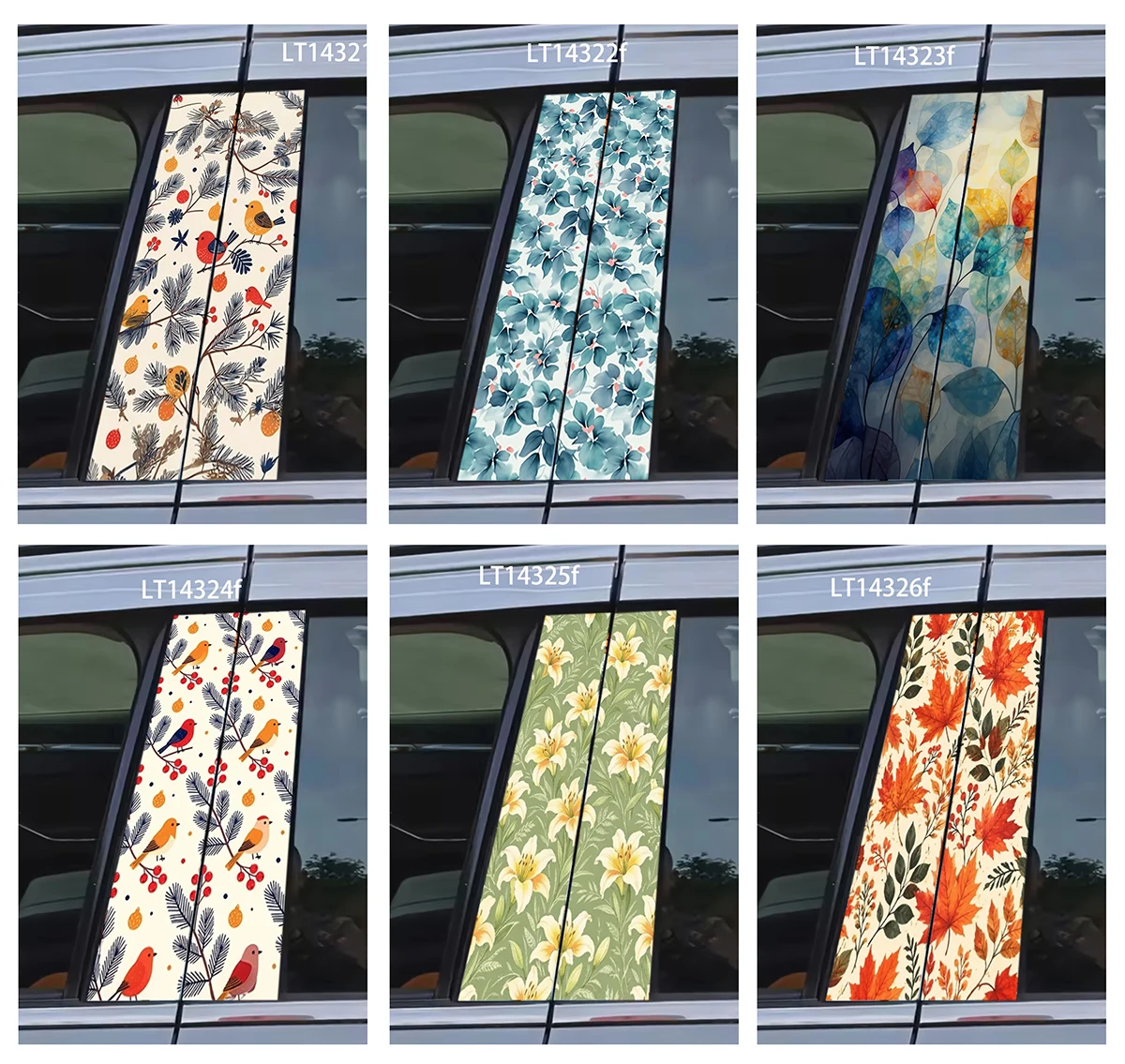 Car Pillar Stickers Botanical Bird Leaf Lily Maple Floral Door Decals Waterproof B Column Anti Scratch Vinyl Exterior Decor