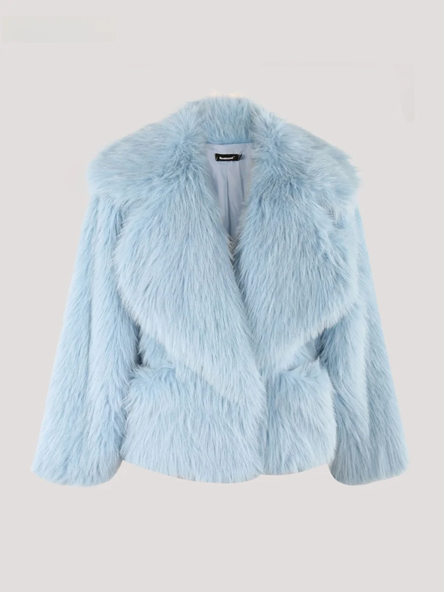 Nerazzurri Winter Fur Coat Women's Short Loose Style Suit Collar Blue Fluffy Eco-friendly Leather Jacket Korean Commute Fashion