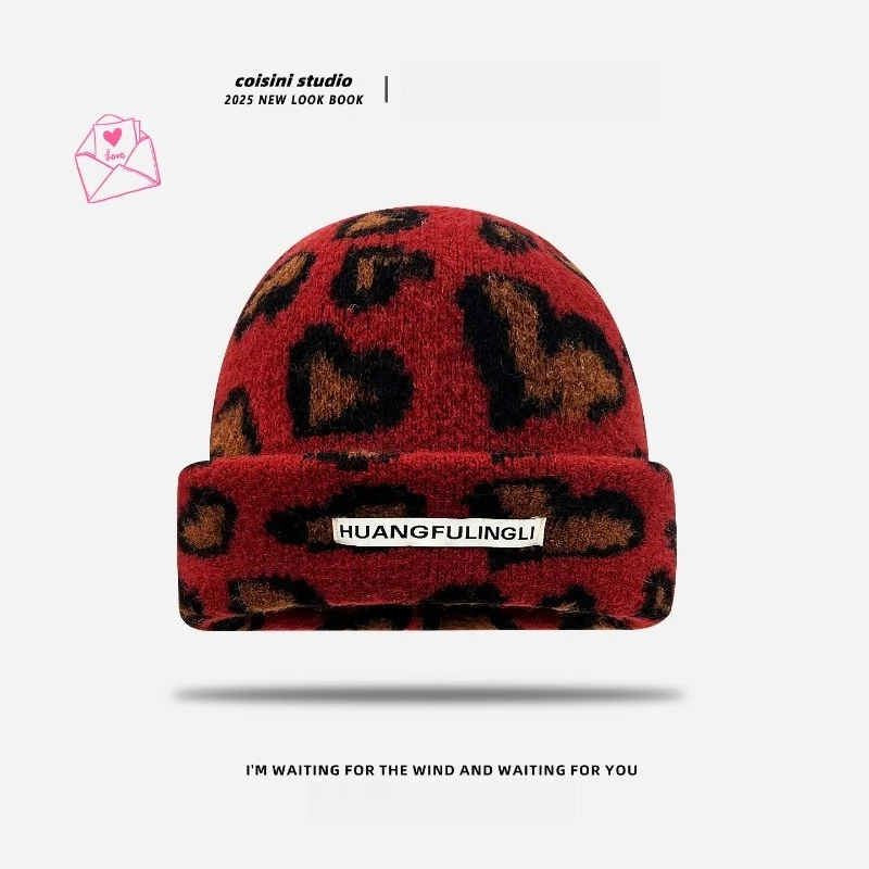 الكورية الخريف والشتاء شخصية الرجعية الحب ليوبارد طباعة البلوز القبعات للنساء الدافئة متماسكة Skullies Beanies #4