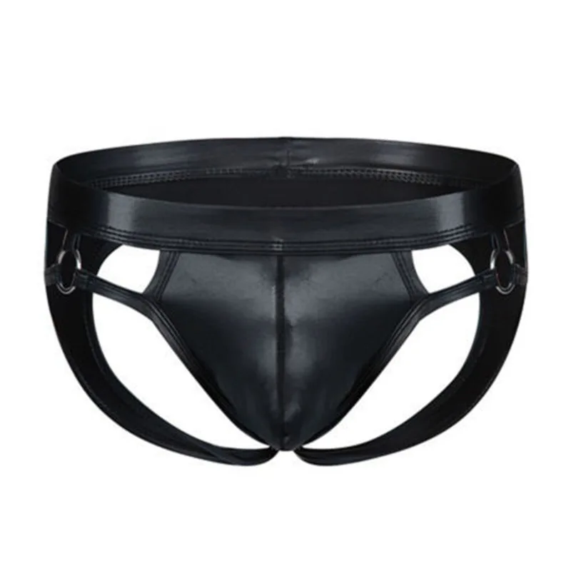 Men\'s Sexy PU Leather Underwear Jock Strap Briefs Thong G-String Pouch Panties Underwear Men Erotic Lingerie Micro Bikini Briefs