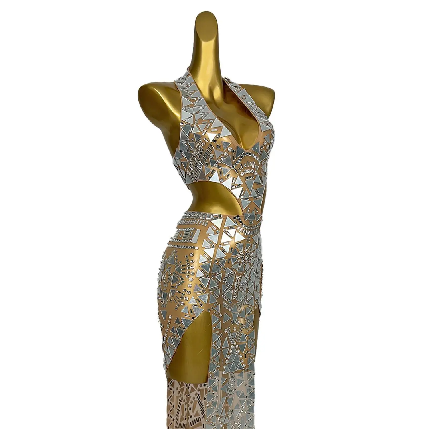 Baiwei Sexy Neck Skirt Evening Dress Concert Tango Dance Performance Suit Model Catwalk Performance Suit Dresses with Mirror