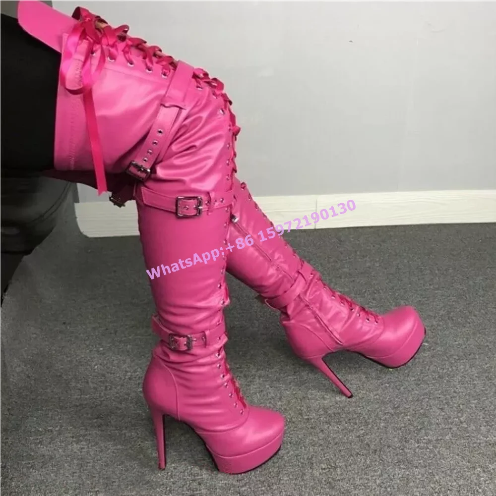 Rose Buckle Belt Long Boots Ribbon Cross Tied Platform Side Zipper High Heels Customize Color Boots Hotties Runway Fire Shoes