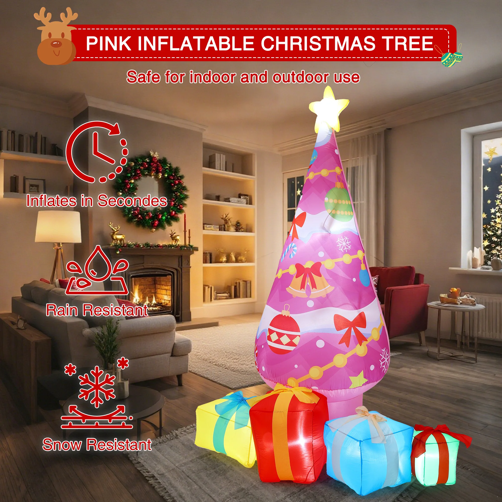 7FT  LED Lights Pink Christmas Tree Design Inflatable Christmas Gift Box Decoration with Outdoor Holiday Yard Decor for Garden Patio Lawn Durable Polyester Air Model