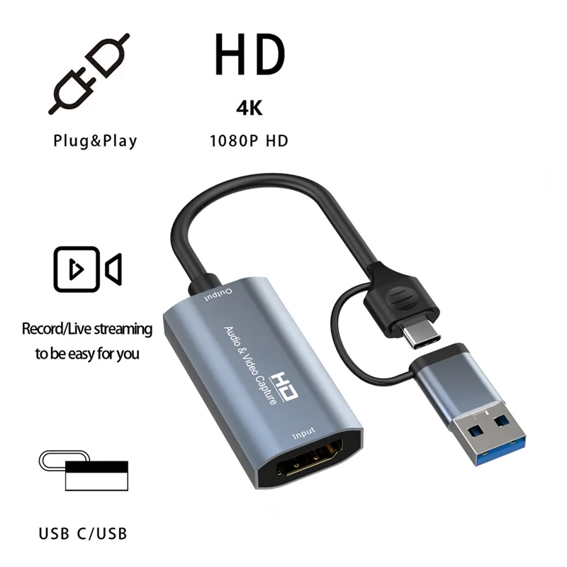 4K HDMI-Compatible to Type-C+USB Video Capture Card 1080P USB Computer Game Live Audio Video Capture Card 4K Recording