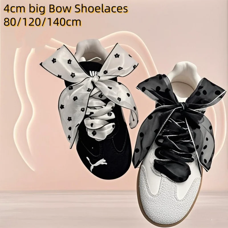 1 Pair 4cm Widened Black White Flower Yarn Shoelaces Beauty Big Bow Flat Shoelace Casual Sneaker DE Training Shoes Lace