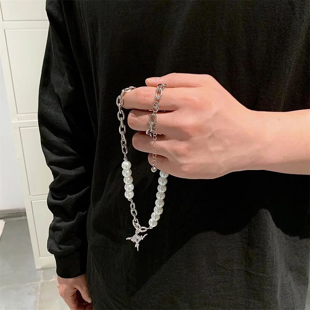 Trend Zircon Cross Pendant Necklace For Men Women Stainless Steel Imitation Pearl Chain Sweater Choker Kpop Hip Hop Jewelry Gift