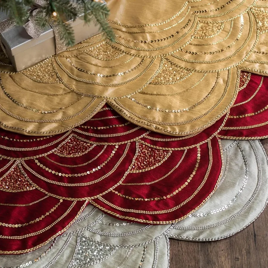 Elizabeth Beaded Christmas Tree Skirt - Cranberry Silver Gold Luxury Tree Skirts with Hand-Applied Beads for Tree Decor Gold 60