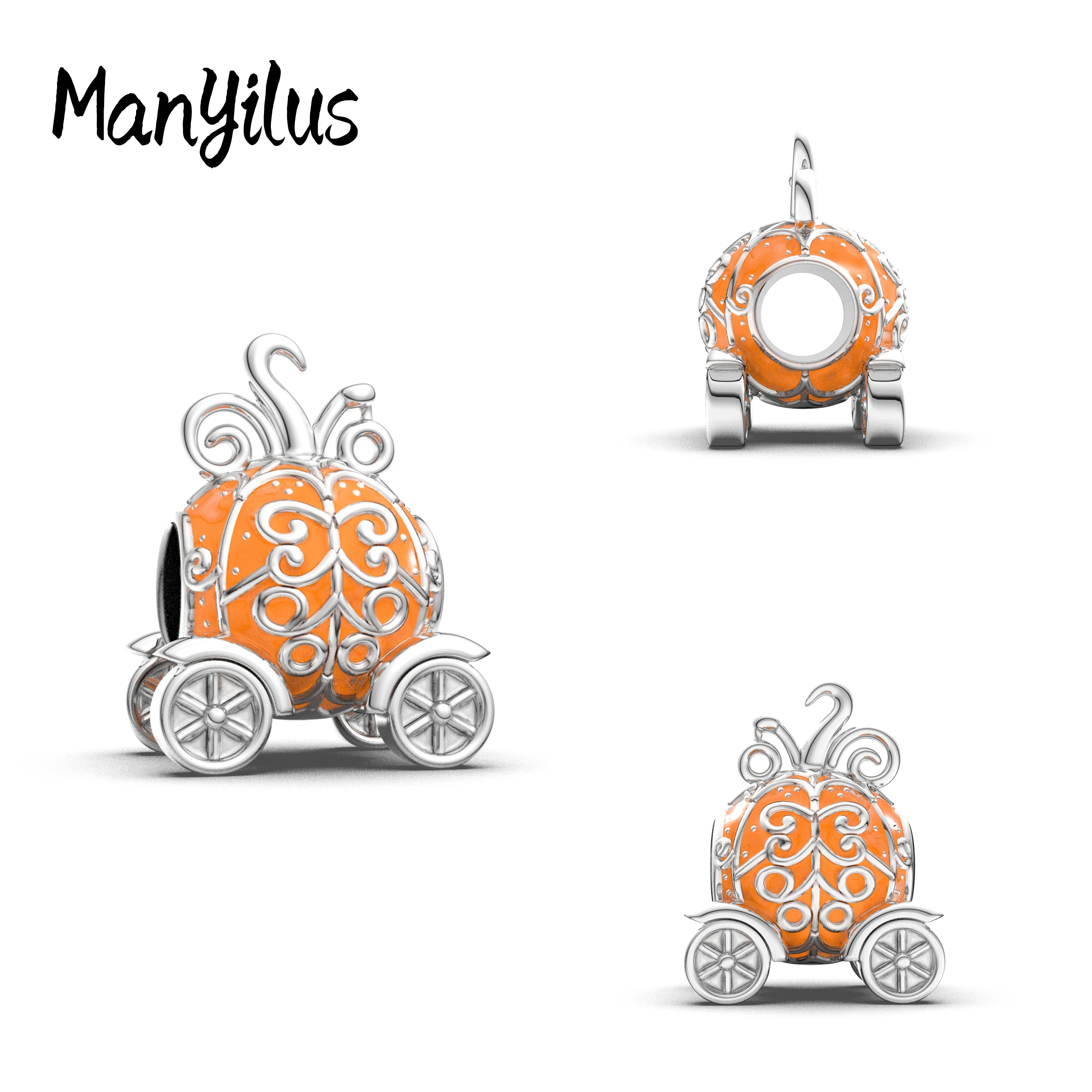 Manyilus 925 Sterling Silver Pumpkin Carriage Charm Bead Fairy Tale Enamel Fit Original Bracelets Women Fine Jewelry Gift