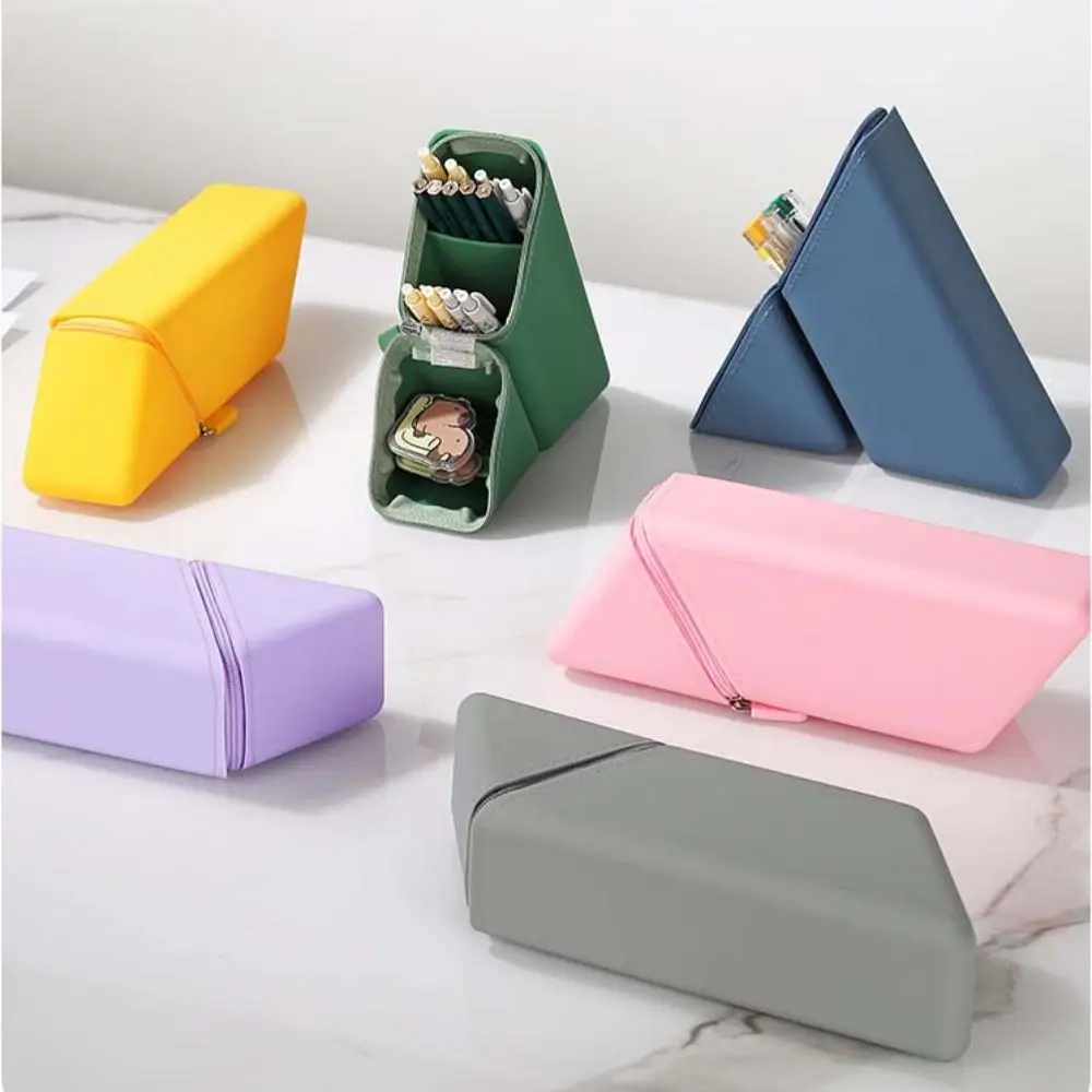 Vertical Silicone Pencil Case Stable Standing Rectangular Stationery Organizer Large Capacity Partitioning Pencil Bag Girls Boys