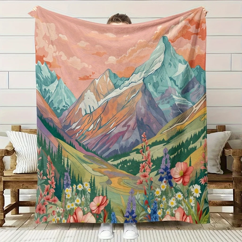 Comfortable Mountain and Flowers Theme Fleece Blanket | Soft High-Definition Digital Print, Cooling, All-Season,  Polyester