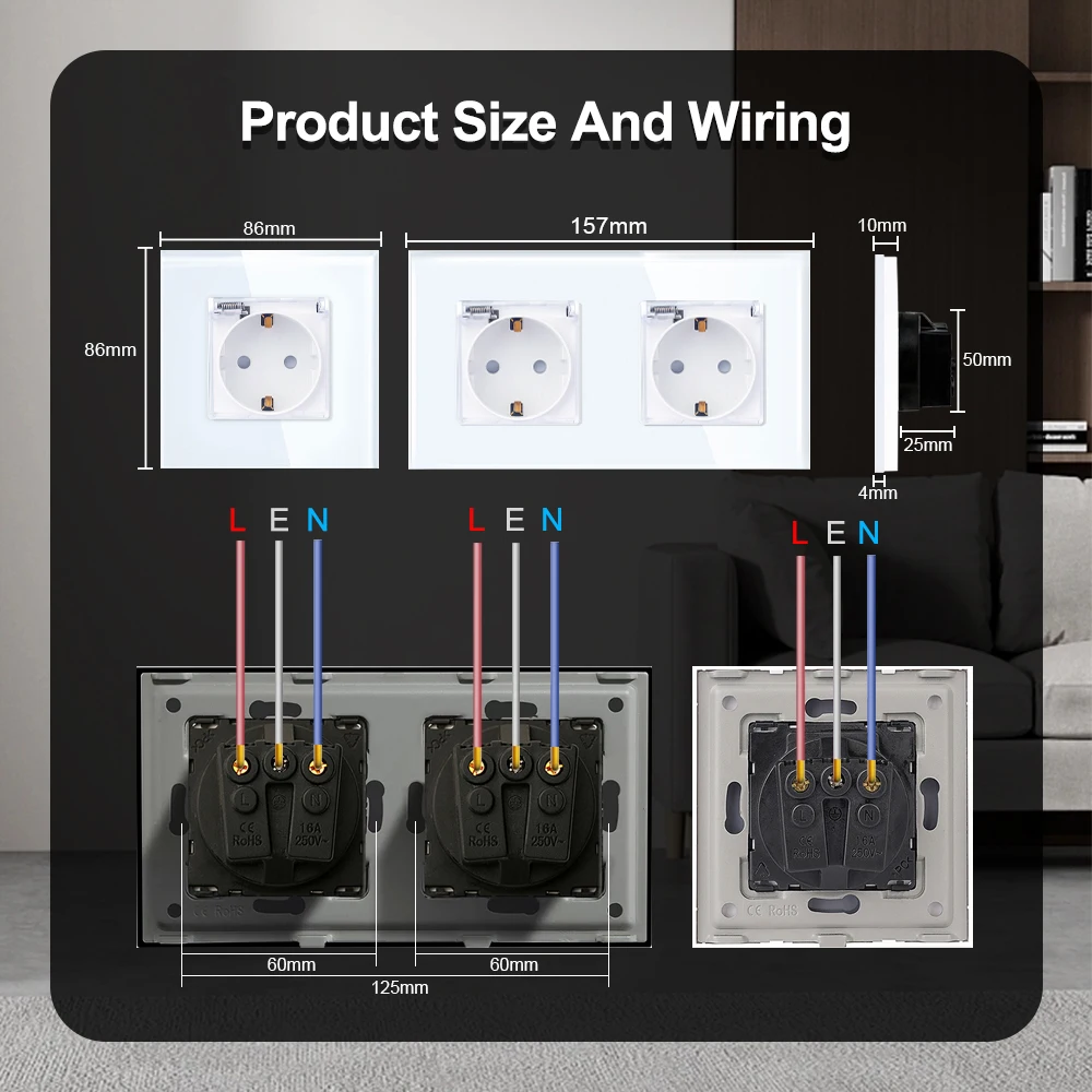 TAWOIA presa di corrente a muro EU 16A presa impermeabile pannello in vetro doppia presa esterna presa elettrica presa a tripla copertura per bagno
