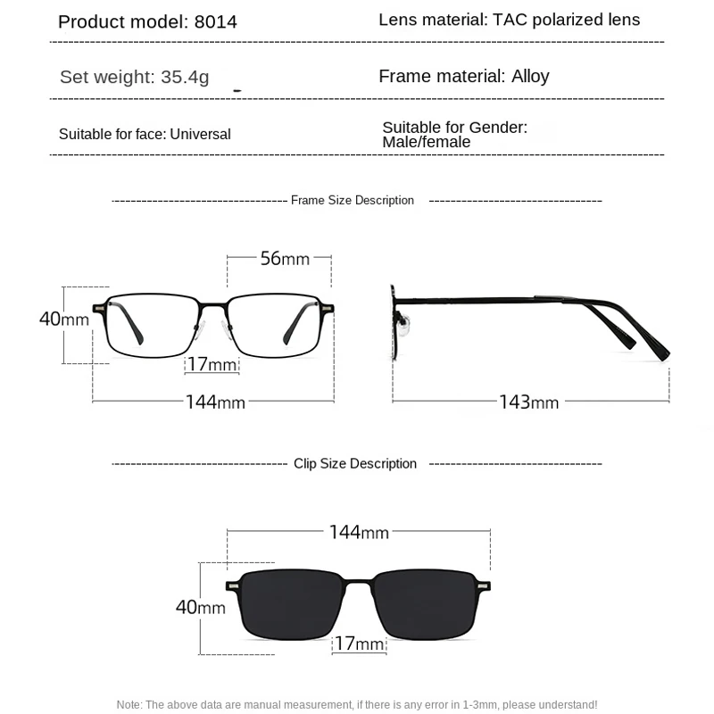 VCKA-Lunettes de soleil polarisées à clip magnétique pour hommes et femmes, lunettes carrées trempées pour myopie, affaires, contrevenants, monture-0.5 à-6.0, 2 en 1