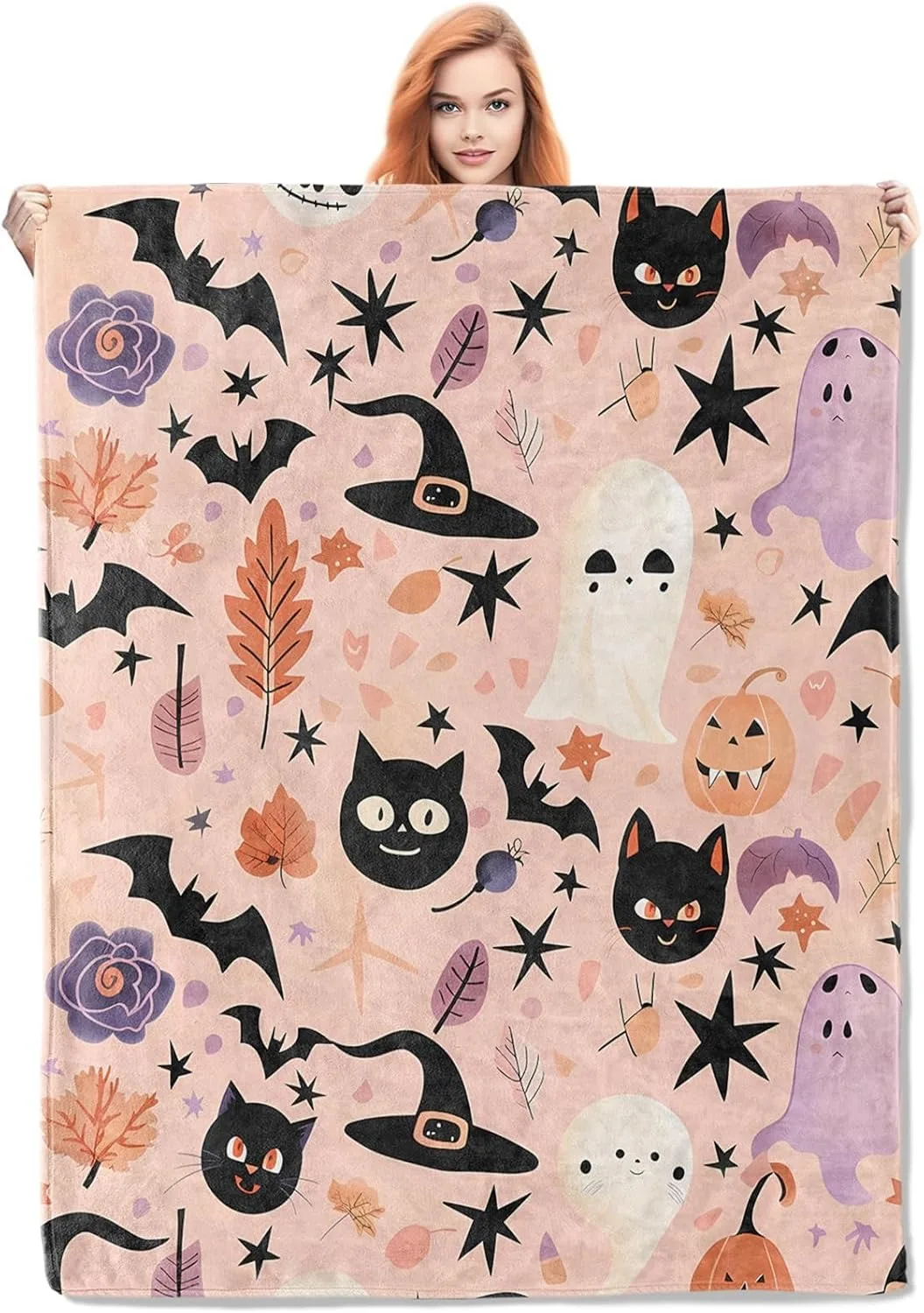 1 STÜCK Halloween-Thema-Überwurfdecke, schwarze Katzen, Hexenhüte, Fledermäuse, dünne Decke, Geschenke für Couch, Bett, Auto, Zuhause, Camping, alle Jahreszeiten