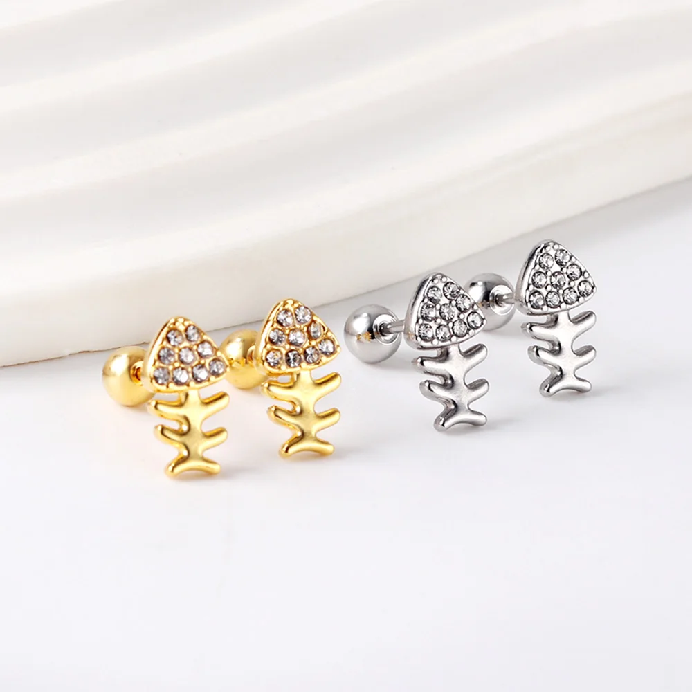 New Earrings Suitable for Women and Girls Accessories Gifts Cubic Zirconia Steel Balls Screw Plugs Fish Bones Jewelry